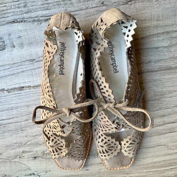 Jeffrey Campbell Wedge Sandals “Espejo” Taupe Suede Rodillo Lace-Up Low Size 8 - Picture 4 of 16